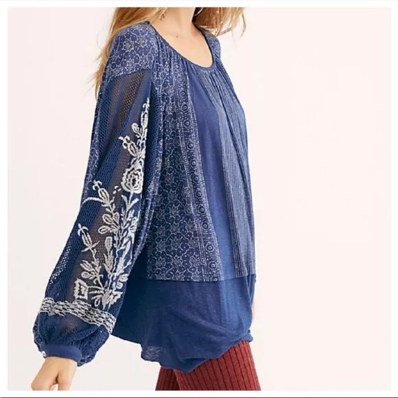 Free People indigo dreams embroidered tunic top blue oversized fit women’s xs - Picture 2 of 8